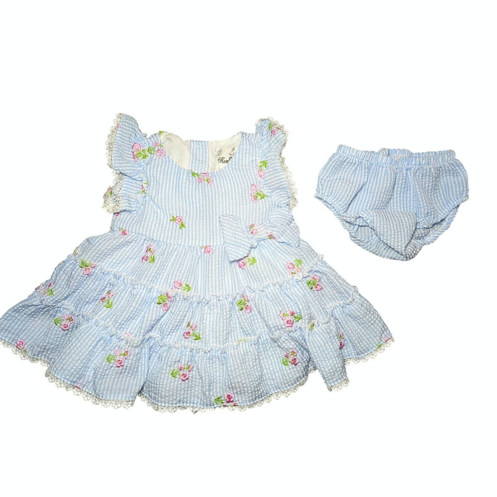 Rare Editions Baby Girls Blue Seersucker Floral Embroidered Dress Set 3-6 Months